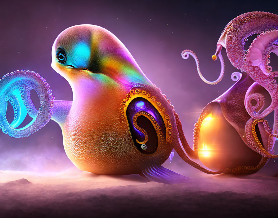 Fantastical bioluminescent octopus-bird on dreamlike purple backdrop