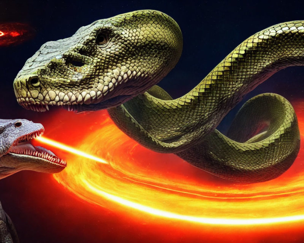 Digital artwork of giant snake-like creature in space with smaller reptilian entity emitting red beam towards glowing ring
