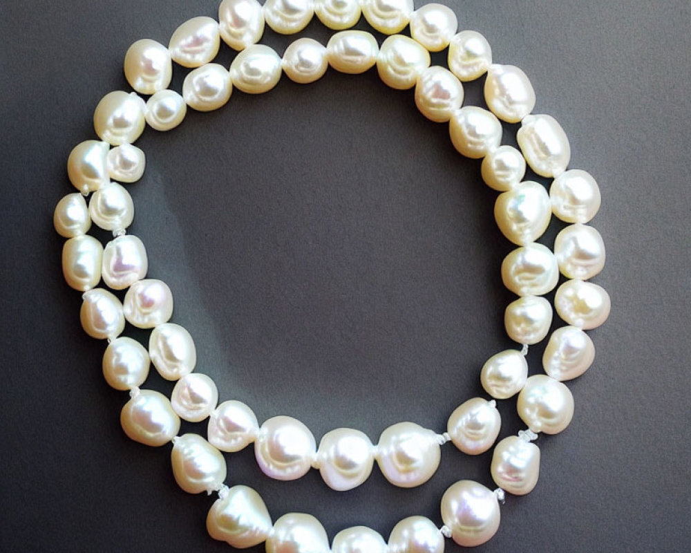 White Pearl Double Strand Loop on Grey Background - Subtle Luster & Smooth Shapes