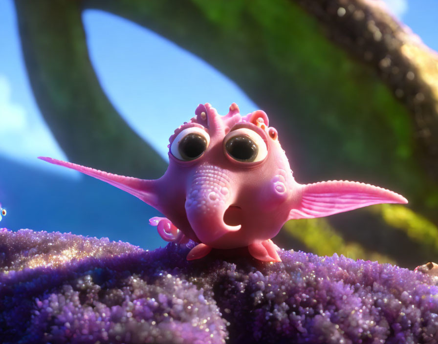 Pink animated character with large eyes and tentacle-like legs on purple surface