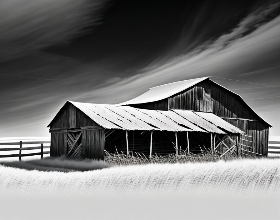 Monochrome image of old wooden barn in rural setting