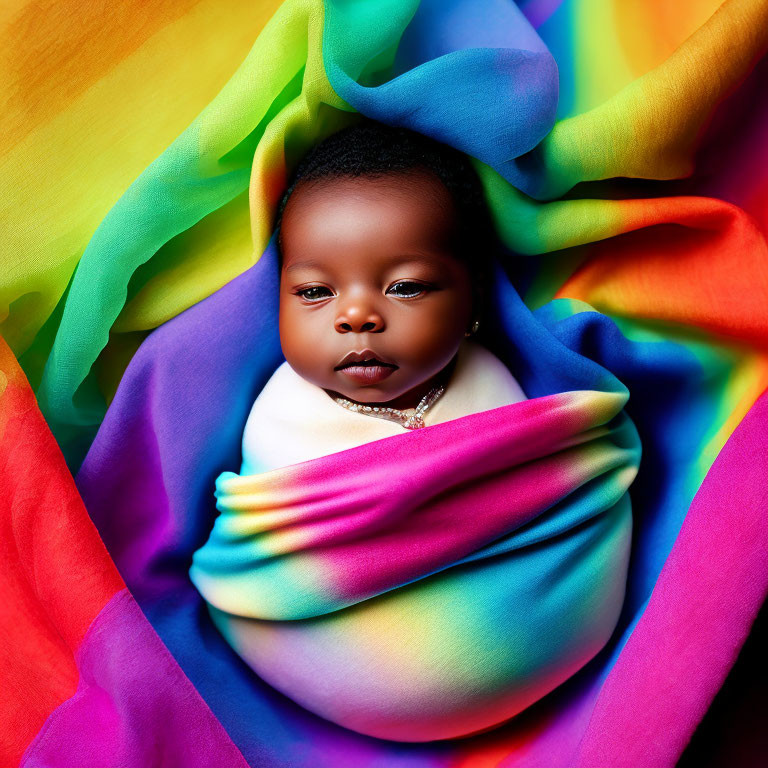 Rainbow-wrapped baby with serene expression and glittering necklace