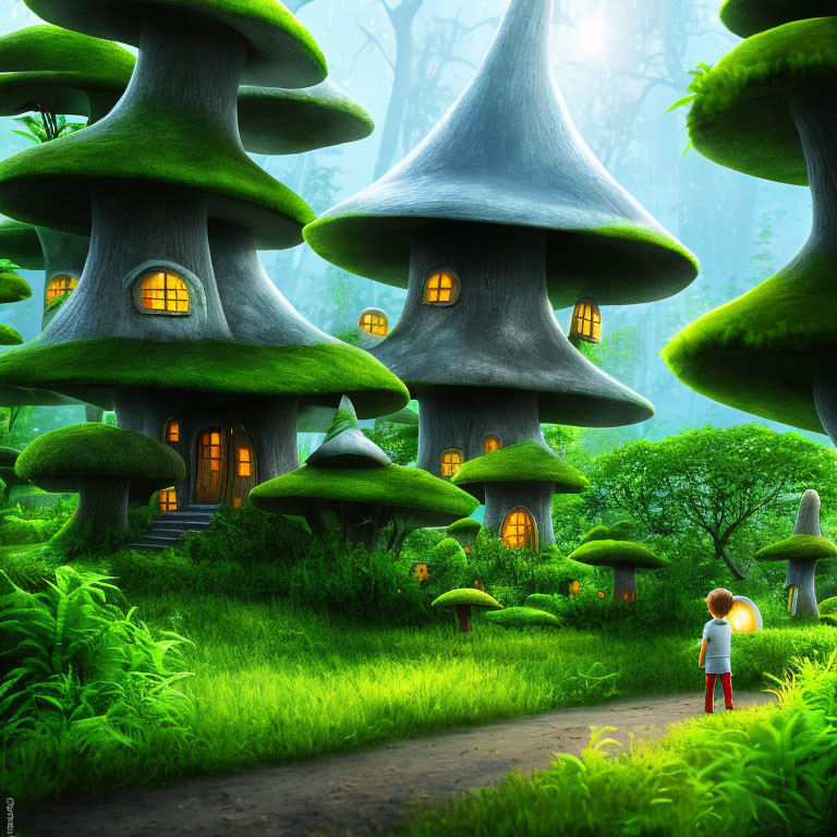 Child in front of magical forest with oversized mushroom houses and lush greenery