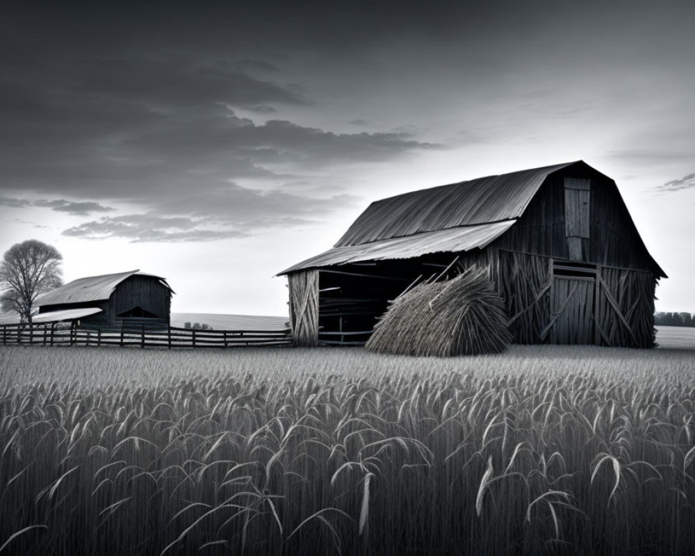 Rustic barns in field with hay bale under gloomy sky