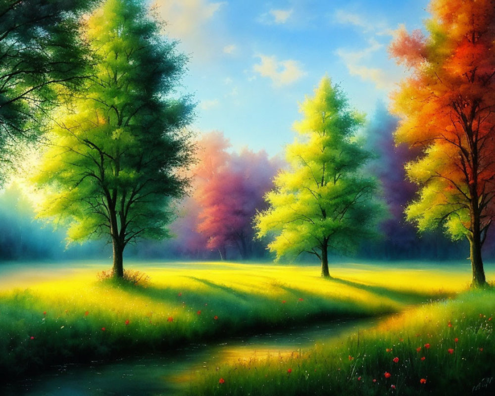 Colorful landscape painting: vibrant trees, serene stream, green grass, red flowers under warm light