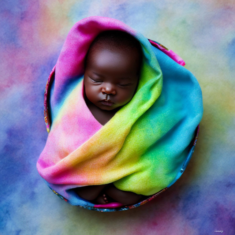 Newborn sleeping in rainbow blanket in round basket