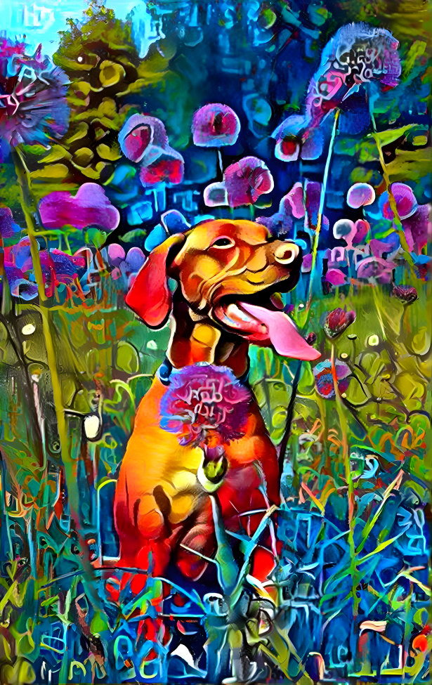 DOG WITH FLOWERS 