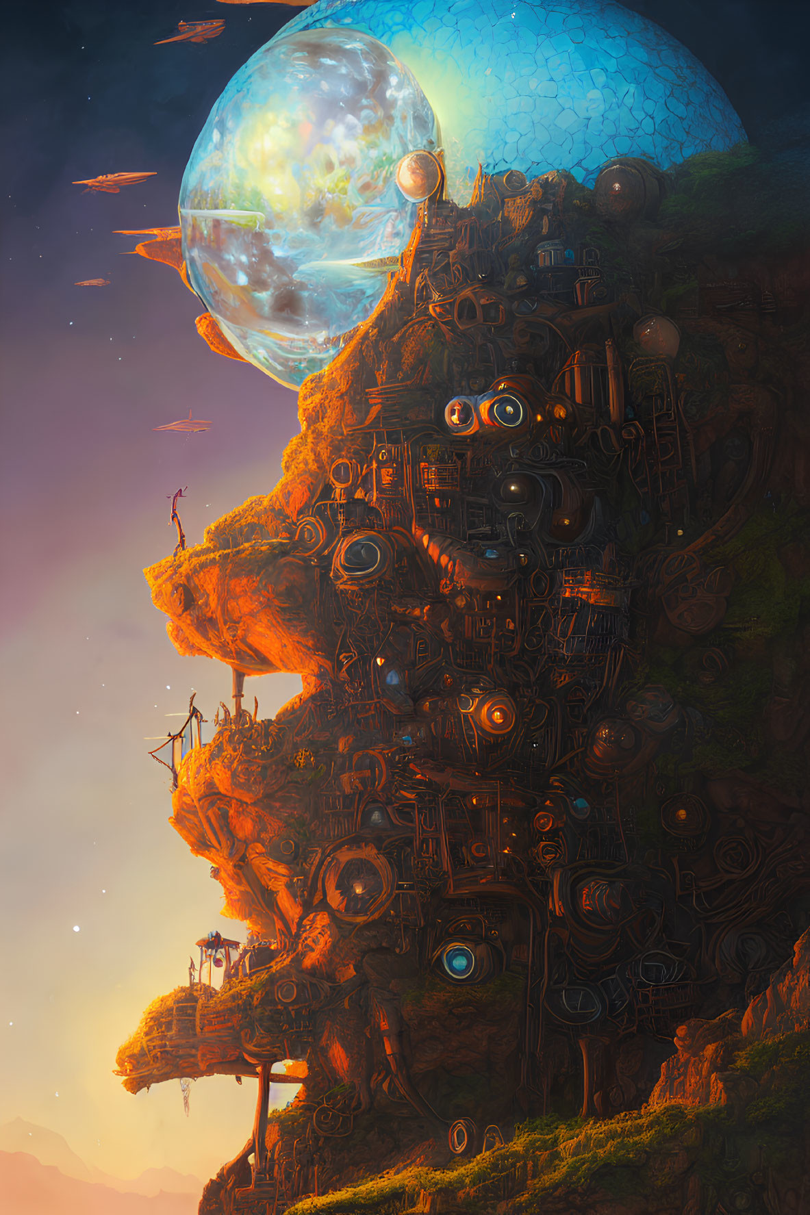 Surreal floating island with intricate machinery under vast cosmos