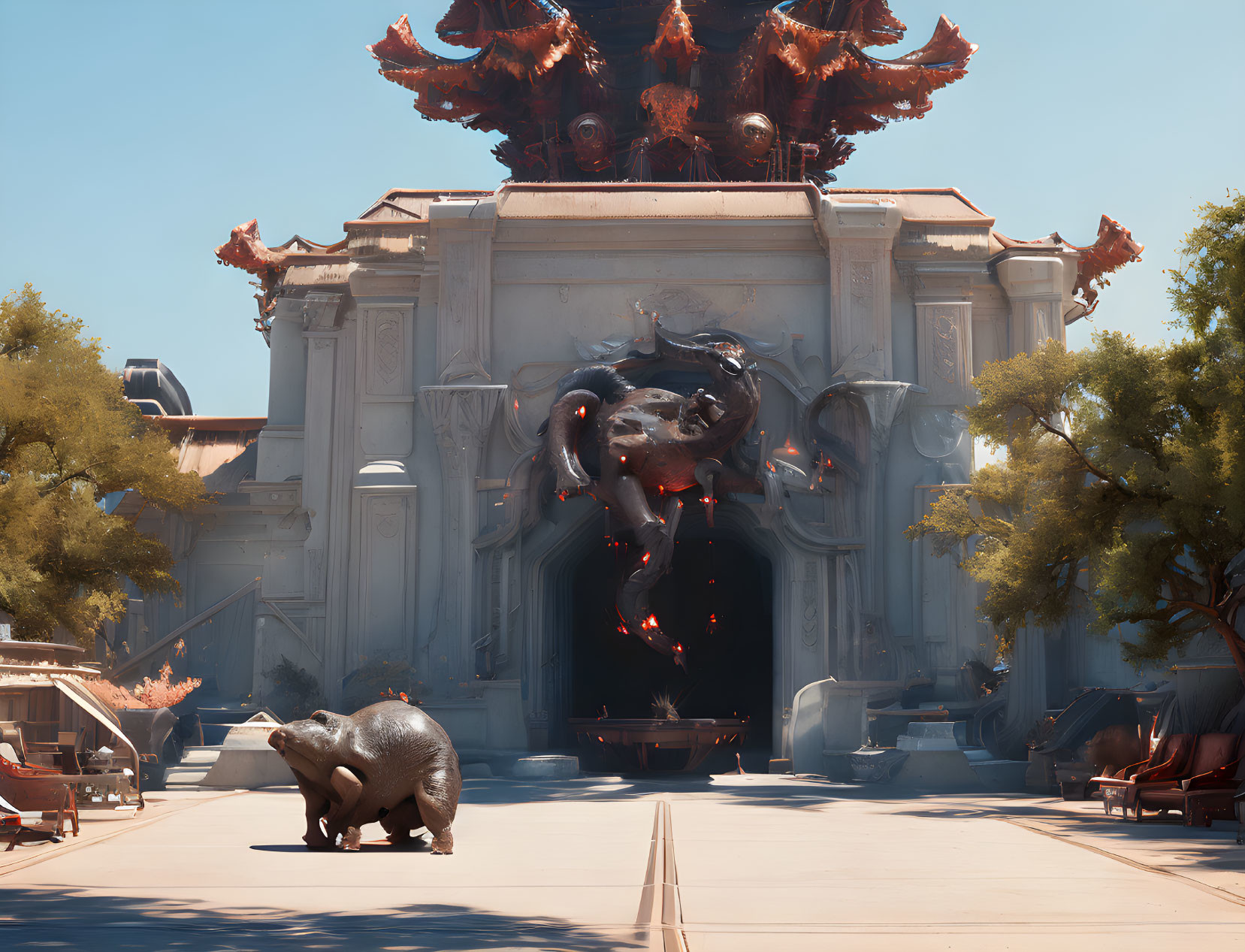 Majestic temple with beastly statues under clear sky