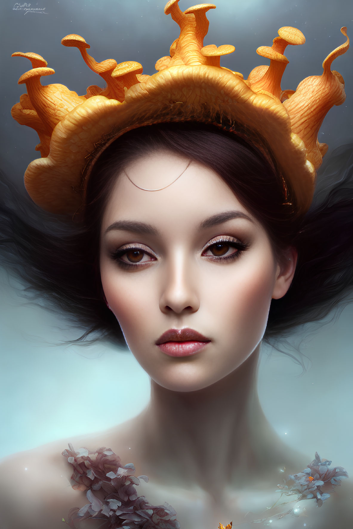 Portrait of woman with dark flowing hair, dramatic makeup, and whimsical orange crown with floral accents