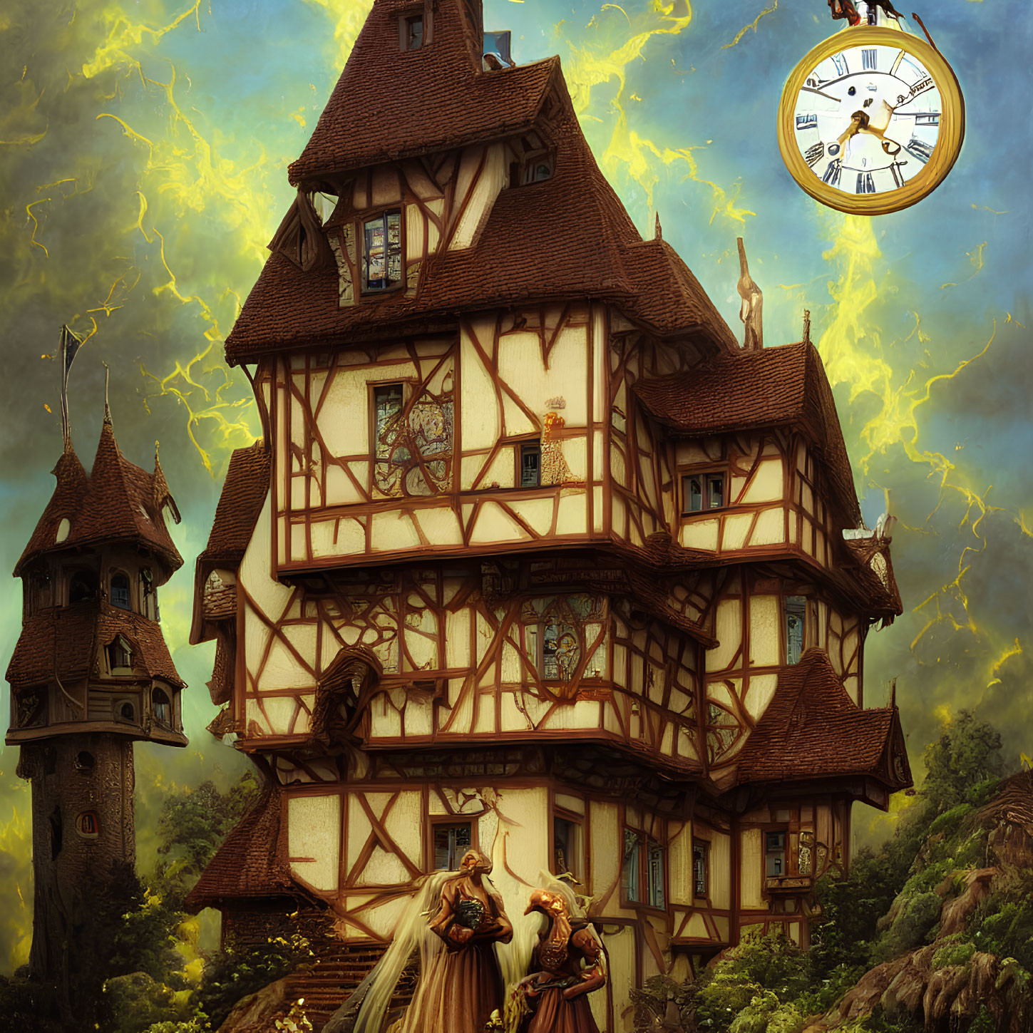 Medieval-style house with clock, prince and princess in embrace, surrounded by greenery and lightning
