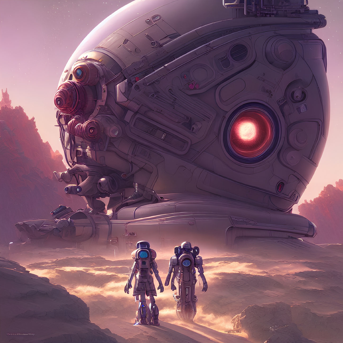 Humanoid robots gaze at large spherical spacecraft on rocky alien planet under pink sky