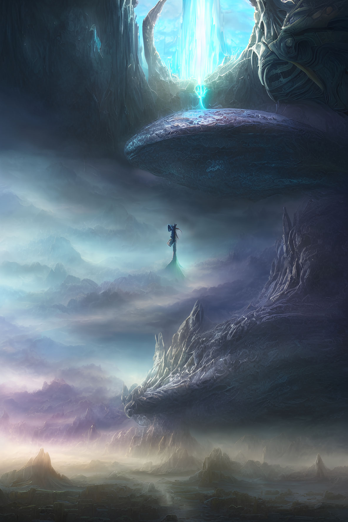 Mystical cave scene with glowing figure and floating rock
