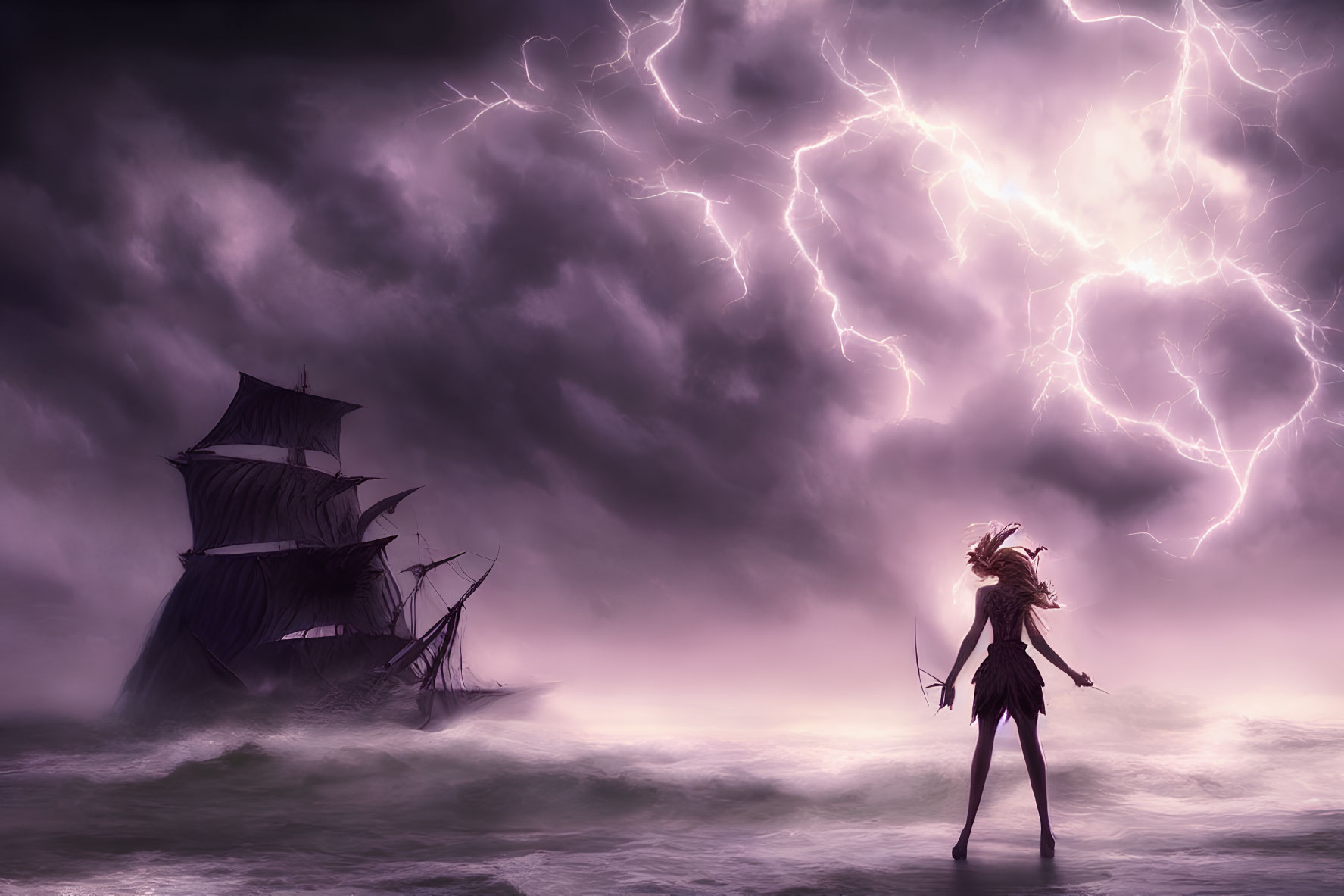 Figure on shore under dramatic sky with lightning and tall ship in tumultuous seas