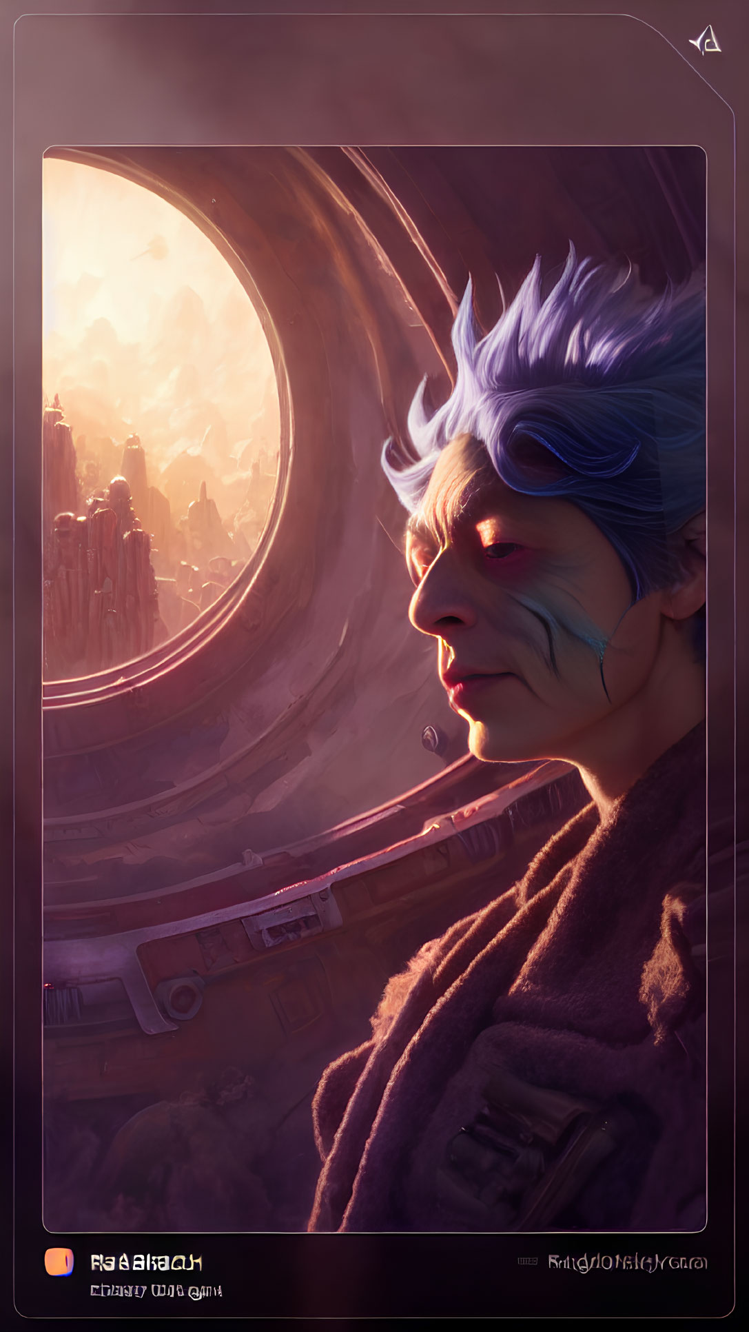 Illustrated character with blue hair gazes at futuristic cityscape from spacecraft window