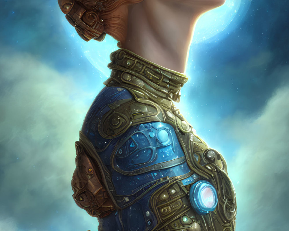 Female cybernetic entity with ornate metallic features and glowing gem on chest against celestial backdrop
