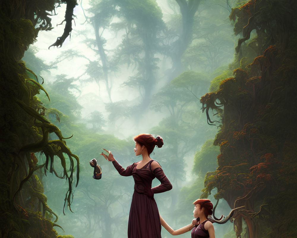 Two women in mystical forest with glowing orb and misty trees