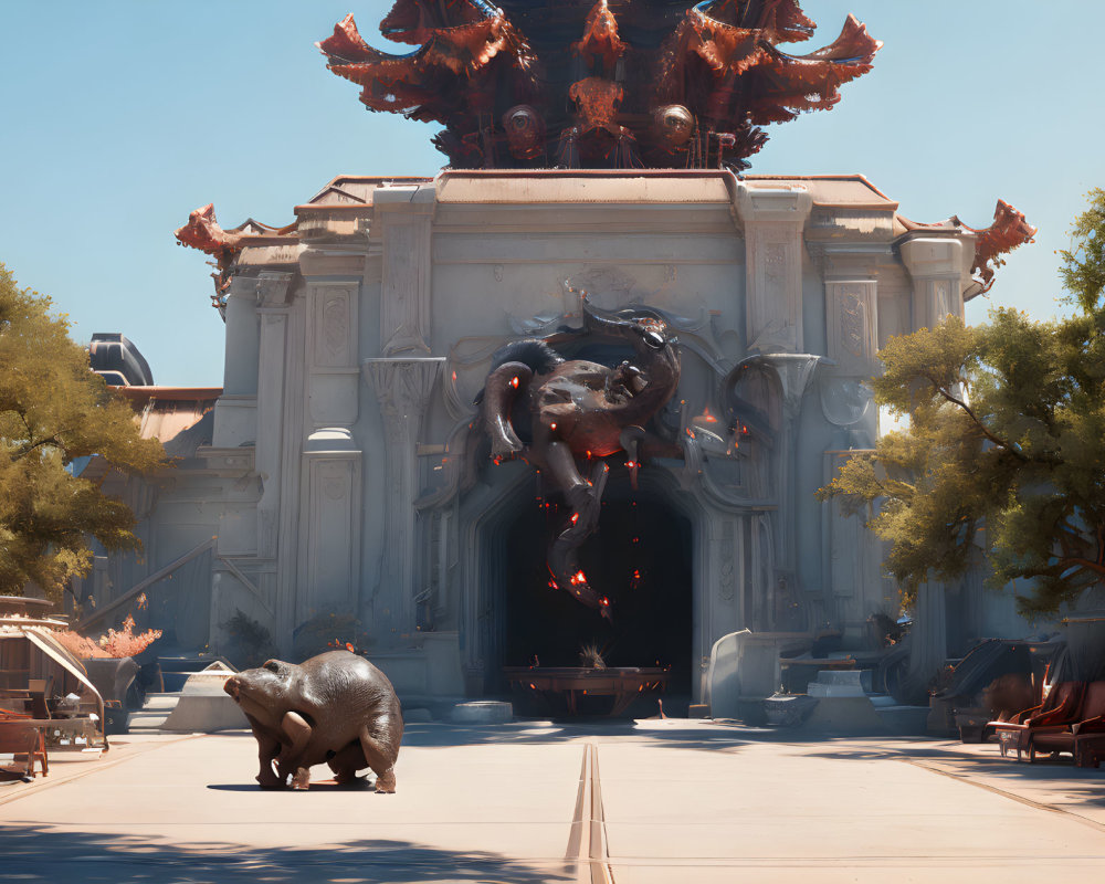 Majestic temple with beastly statues under clear sky