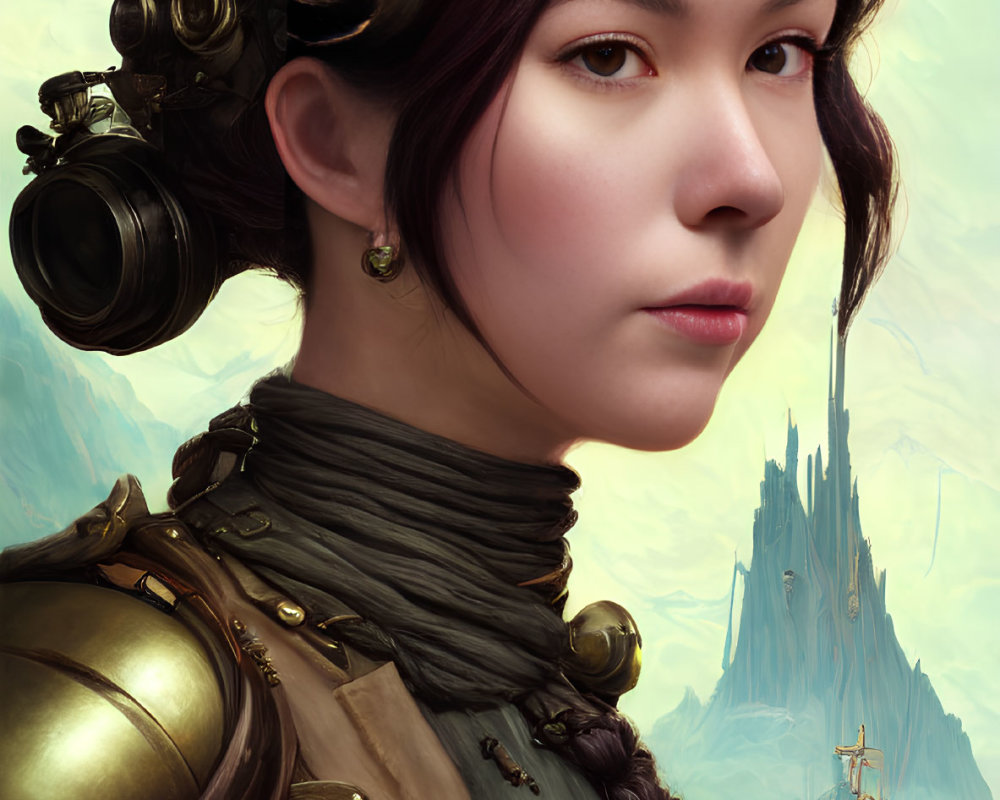 Steampunk-themed portrait of a woman with goggles, braided hair, and brass attire