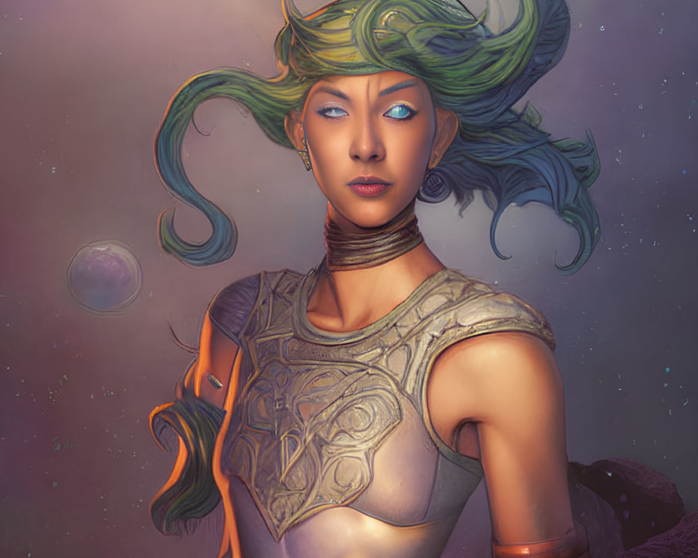 Fantasy illustration of blue-skinned woman with green hair and cosmic elements