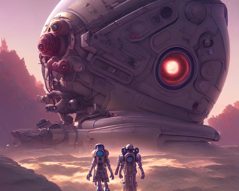 Humanoid robots gaze at large spherical spacecraft on rocky alien planet under pink sky