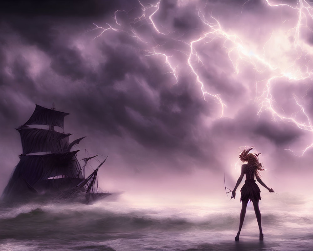 Figure on shore under dramatic sky with lightning and tall ship in tumultuous seas
