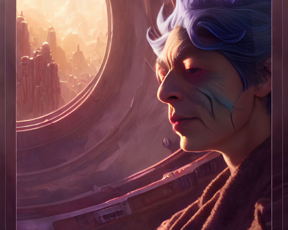 Illustrated character with blue hair gazes at futuristic cityscape from spacecraft window