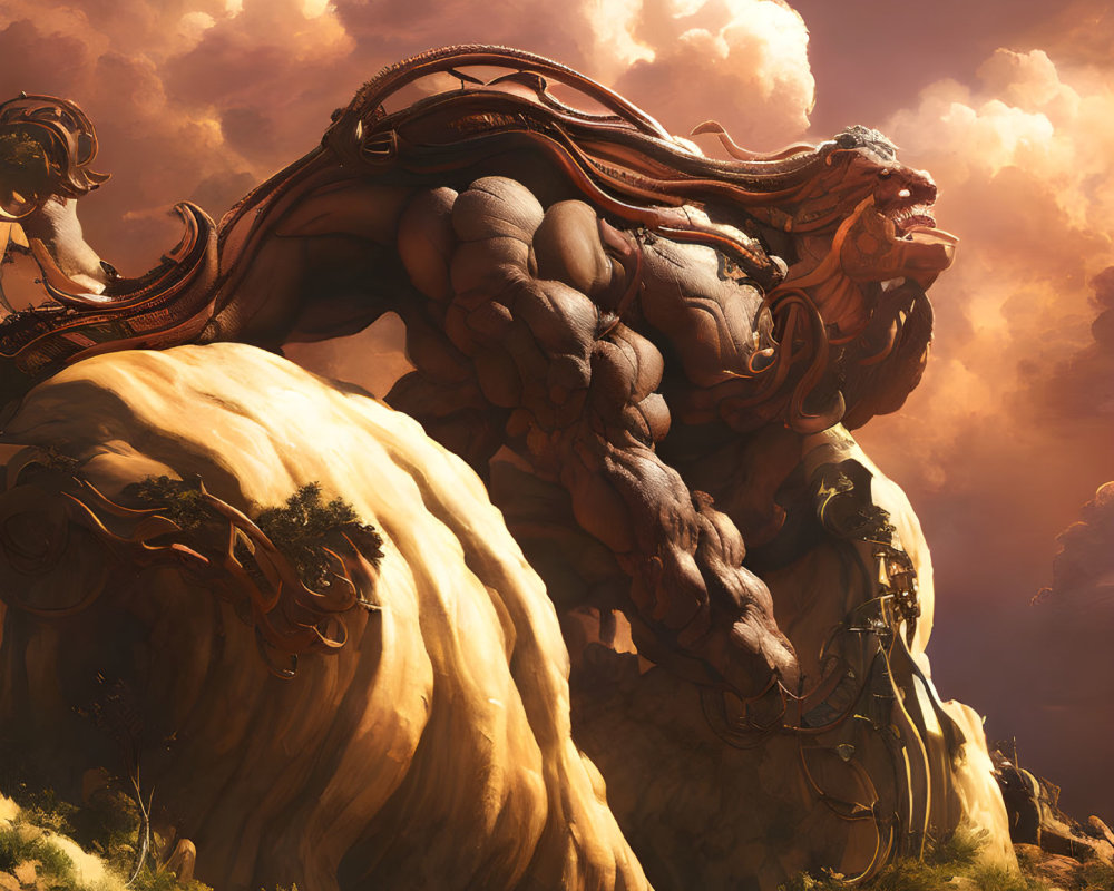 Golden-maned lion-like creature in dark armor on cliff under dramatic sky