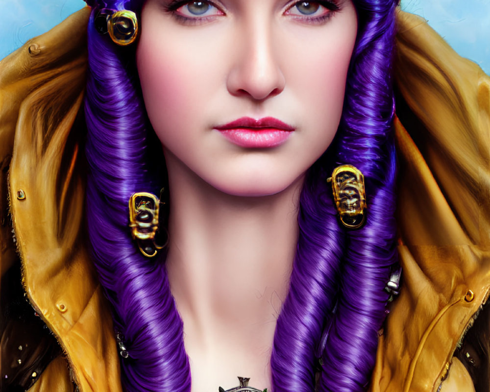 Digital artwork: Woman with purple hair, blue eyes, steampunk outfit & compass pendant
