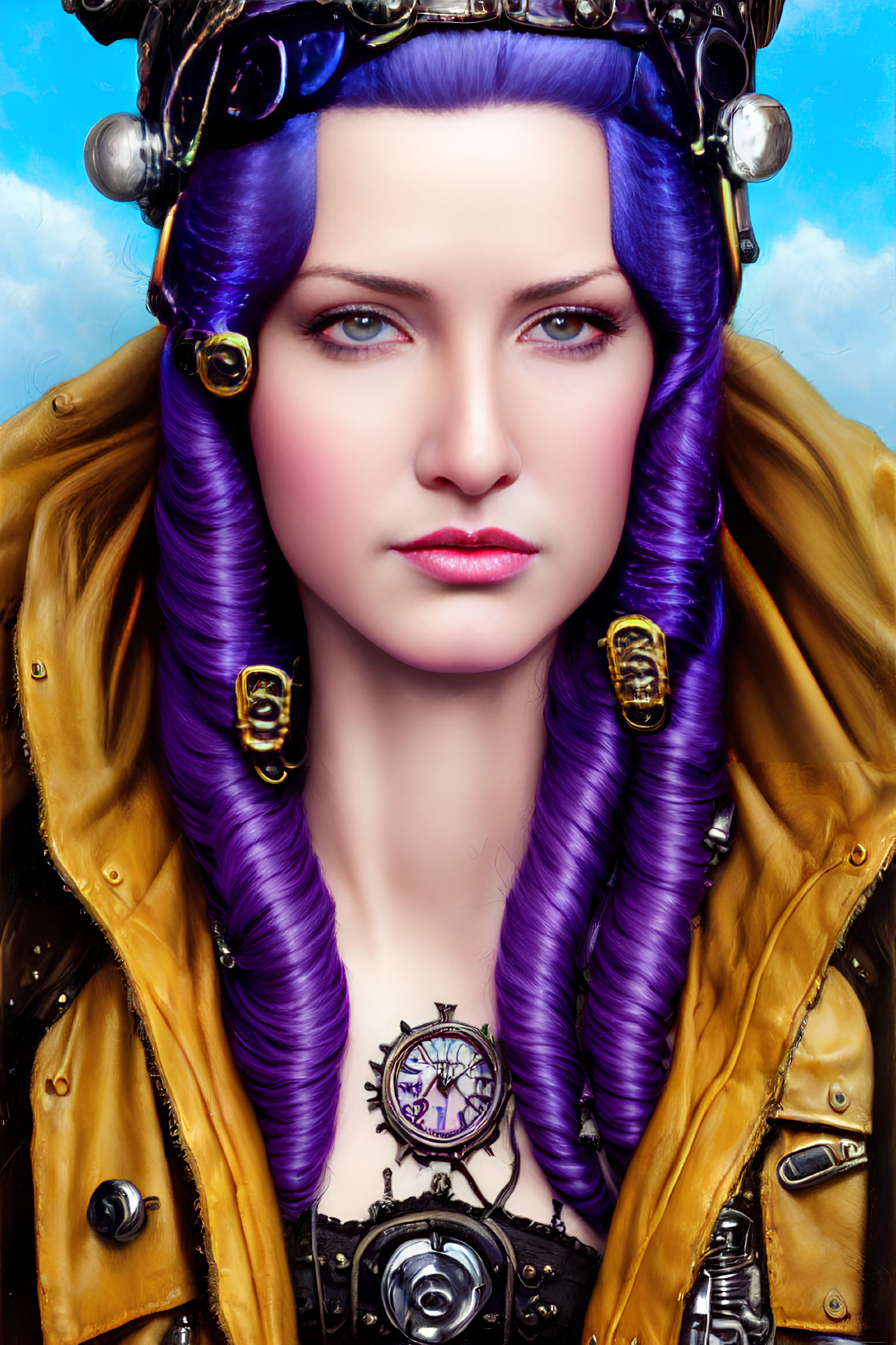 Digital artwork: Woman with purple hair, blue eyes, steampunk outfit & compass pendant