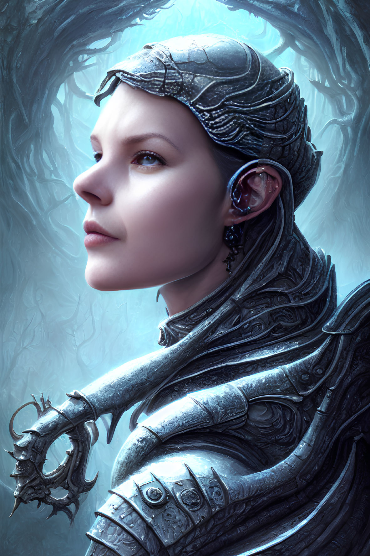 Digital artwork of woman in ornate armor with mystical backdrop and intricate helmet