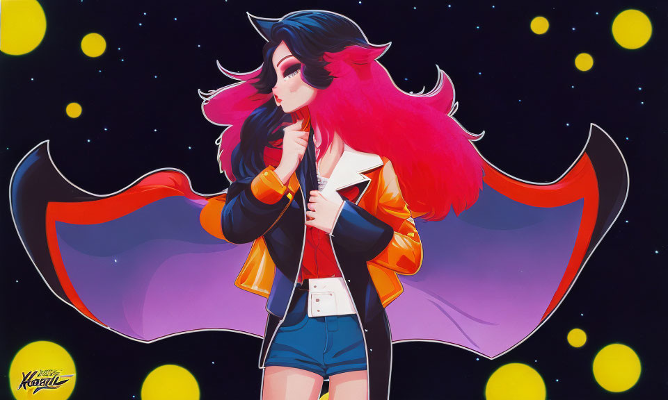 Colorful illustration: Female character with pink hair and cosmic backdrop.