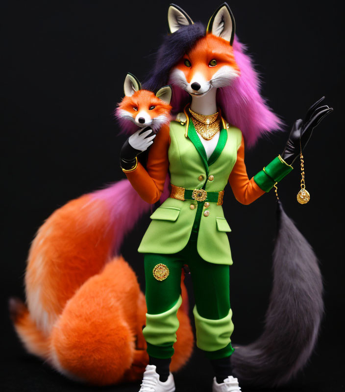 Anthropomorphic fox character in green suit with gold accents holding smaller fox and pocket watch