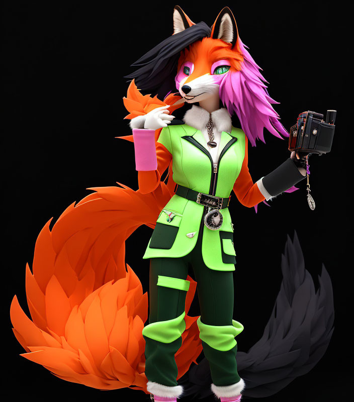 Vibrant orange fox character in neon green suit with camera and drink