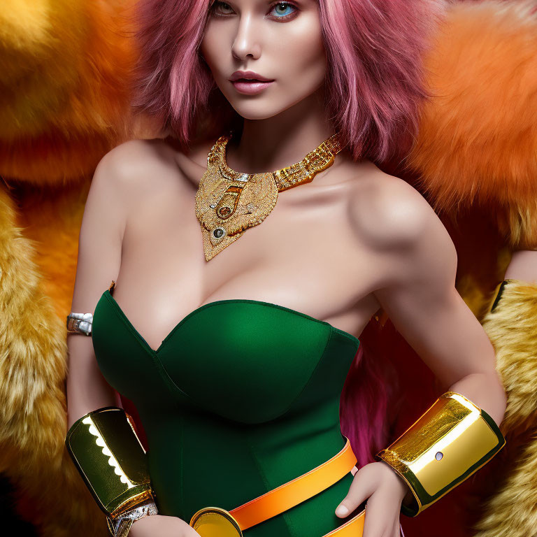 Pink-haired woman in green corset with blue eyes and gold jewelry, amidst colorful fur