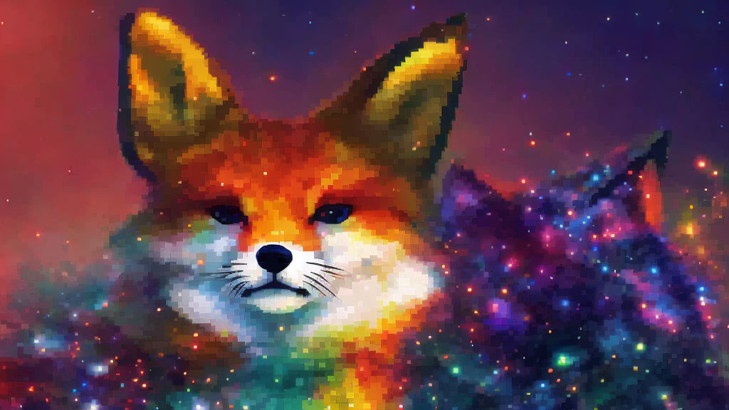 Vibrant cosmic fox illustration with starry space colors on a nebula night sky