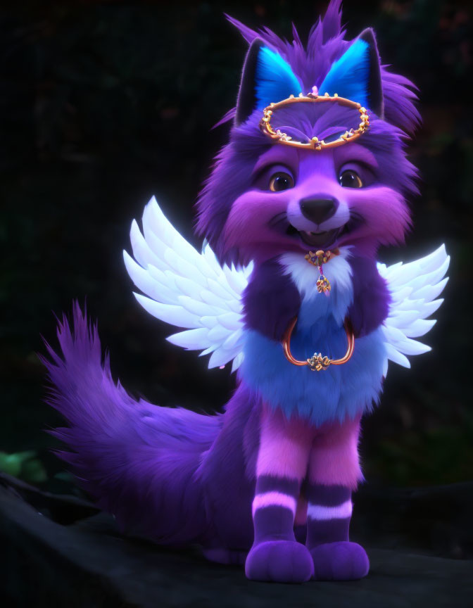 Colorful Animated Wolf with Purple Fur and Wings in Dimly-Lit Mystical Forest
