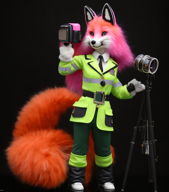 Colorful Fox Mascot in Neon Green Suit with Camera and Tripod