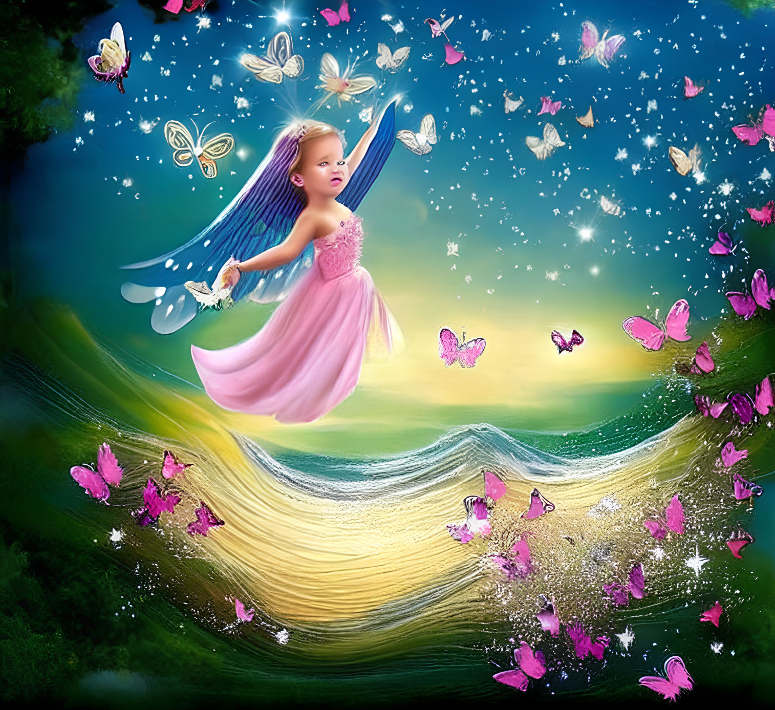 Young girl with fairy wings and butterflies in dreamlike setting
