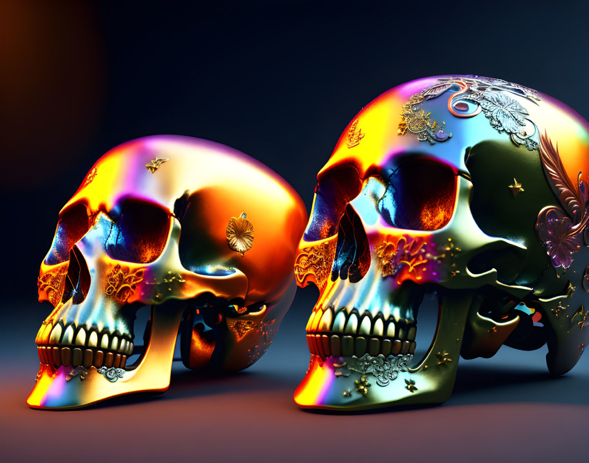 Metallic Skulls with Engraved Floral Designs on Dark Background