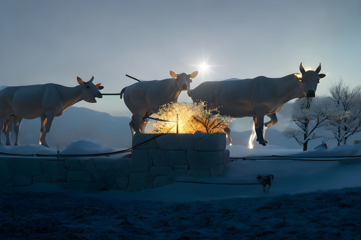 Cows, glowing light, snowy landscape, dog in background