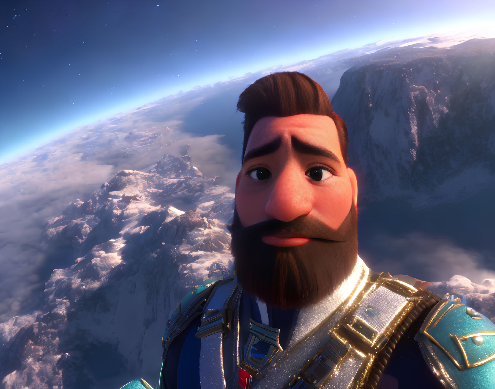 Bearded 3D Animated Character in Spacesuit Floating Above Earth's Mountains