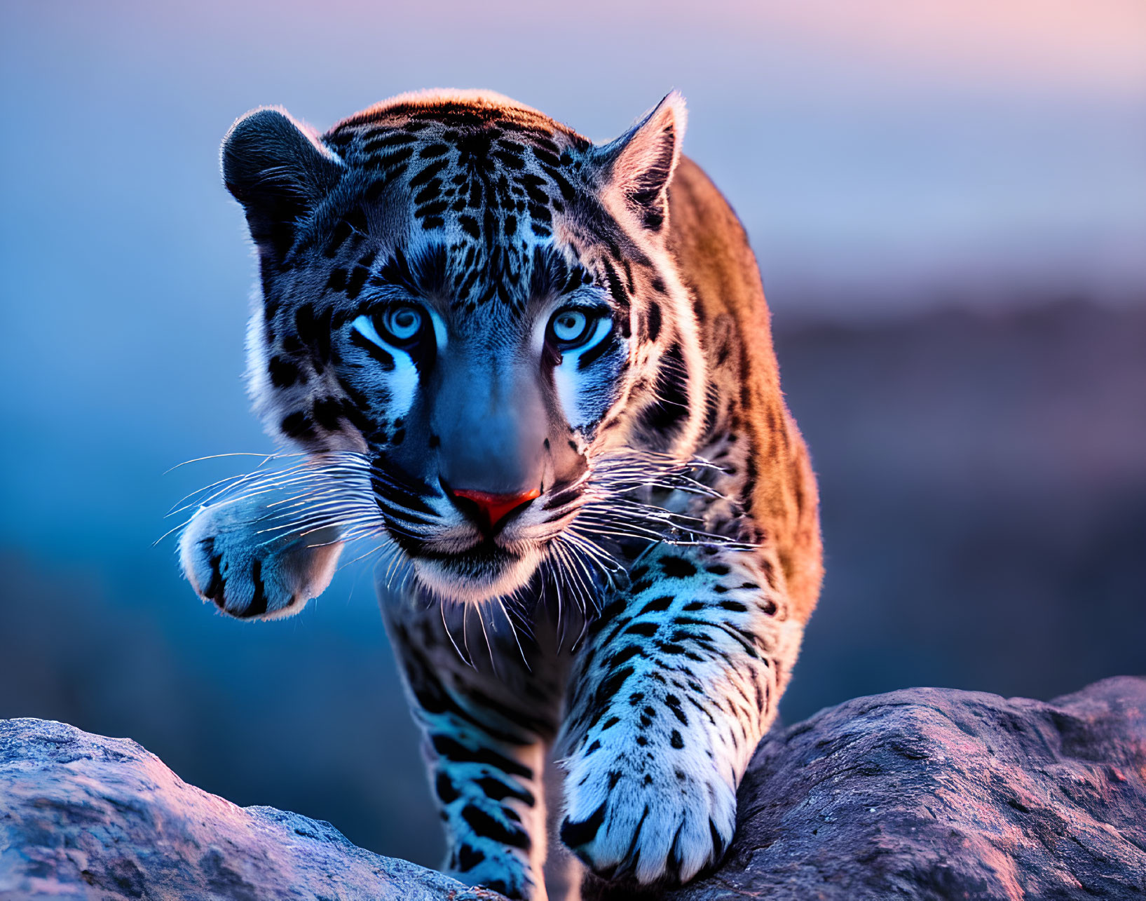 Majestic tiger with blue eyes in vivid dusk backdrop