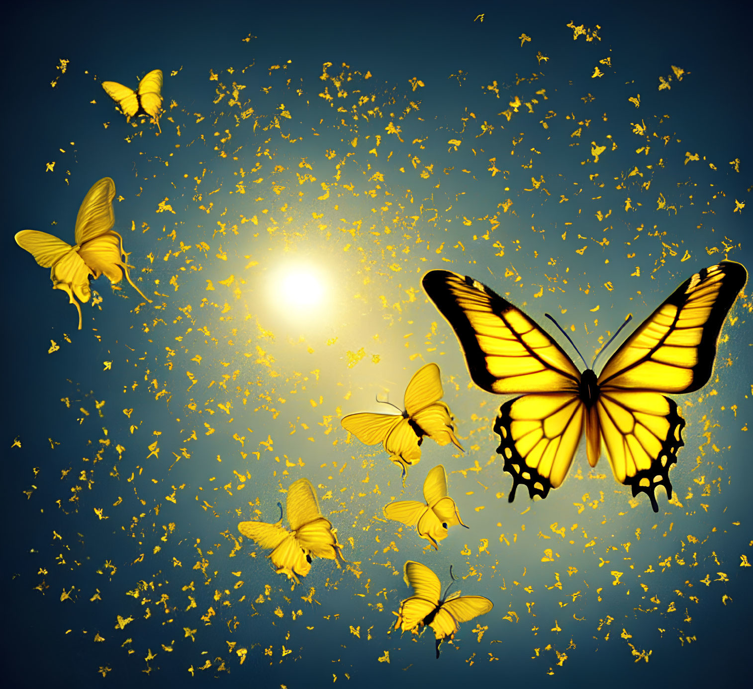 Vivid Yellow Butterflies Flying Towards Bright Light on Blue Background