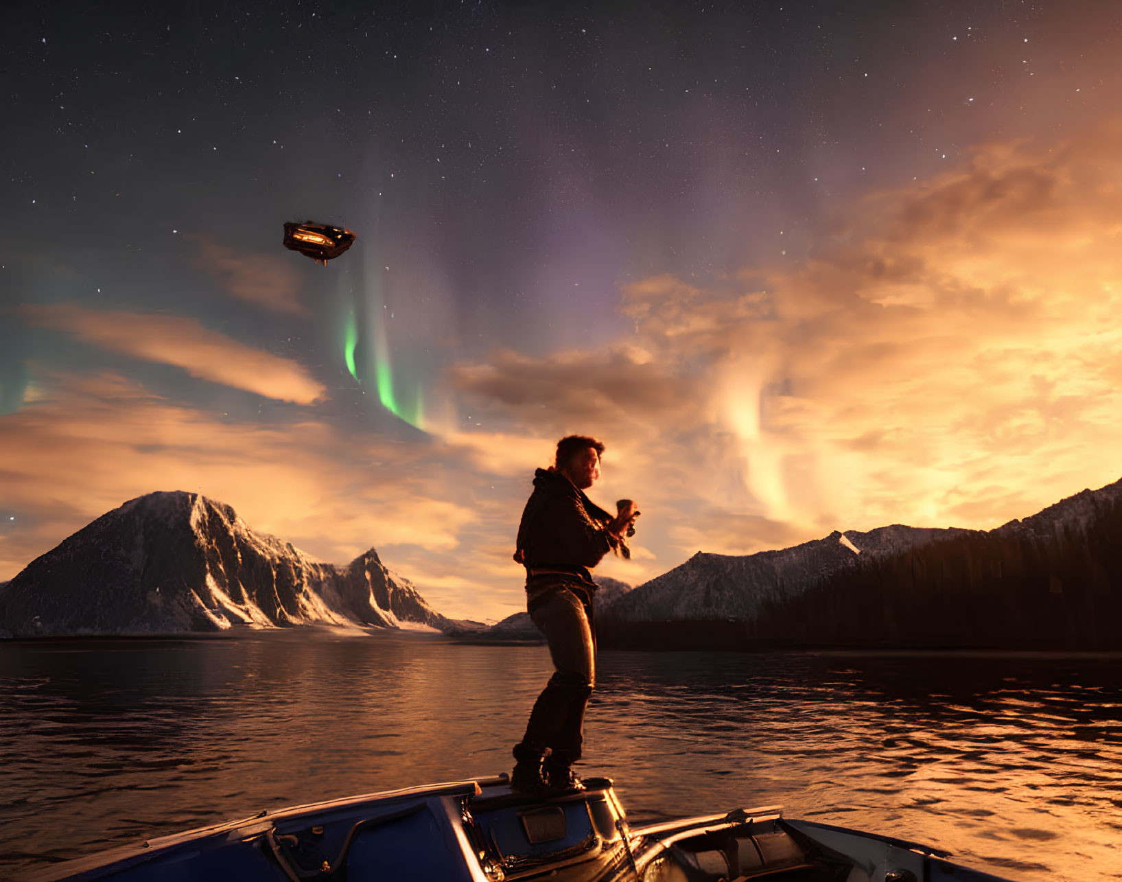 Person playing violin on boat under northern lights and futuristic vehicle in serene waters.