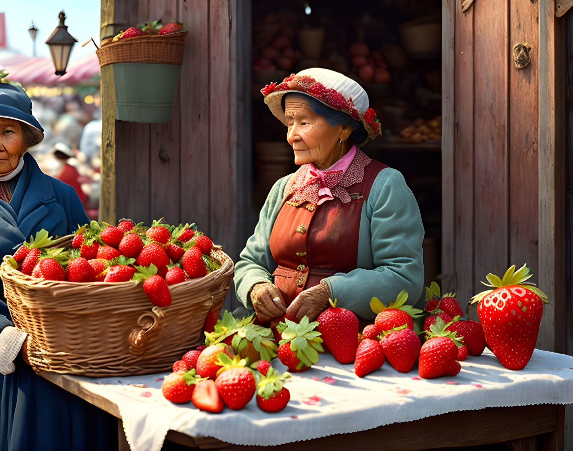 grandma sells strawberries at the market in the 19