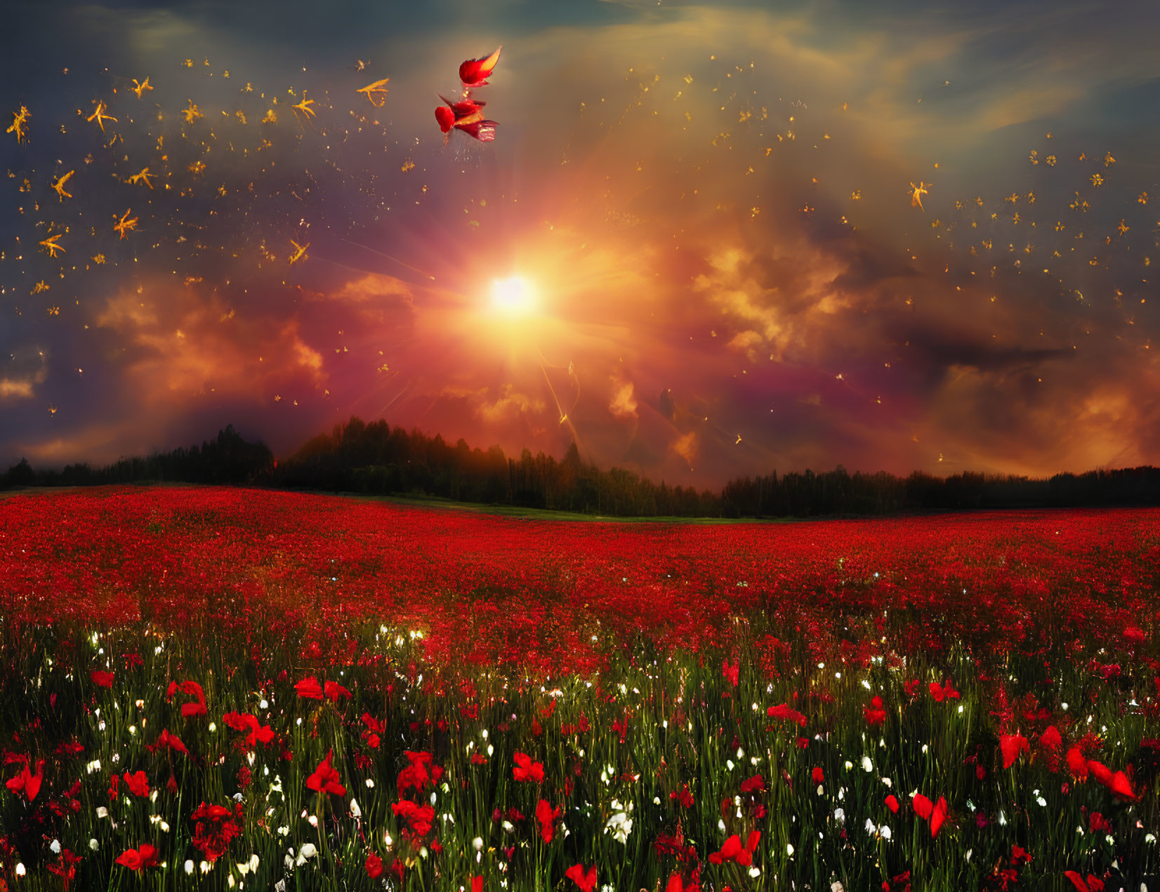Vibrant sunset over red poppy field with sparkles and soaring birds