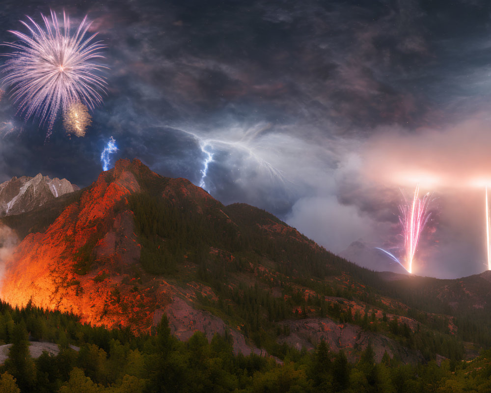 Colorful fireworks and lightning over mountain landscape with forest fire