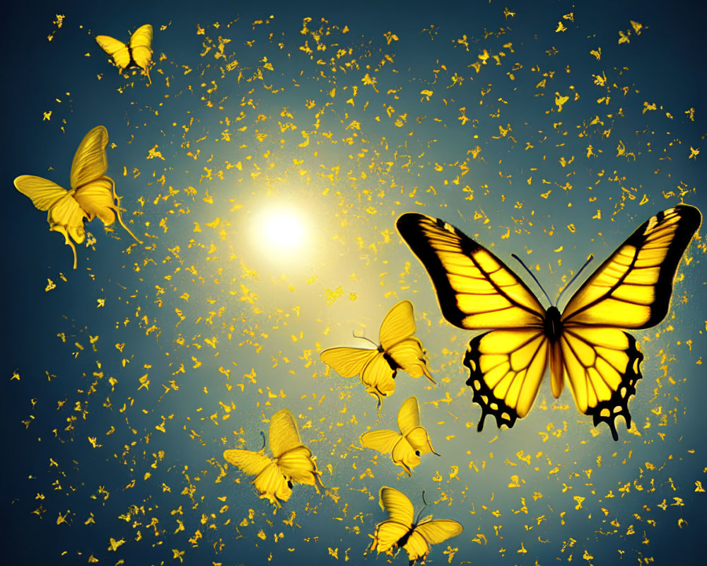 Vivid Yellow Butterflies Flying Towards Bright Light on Blue Background