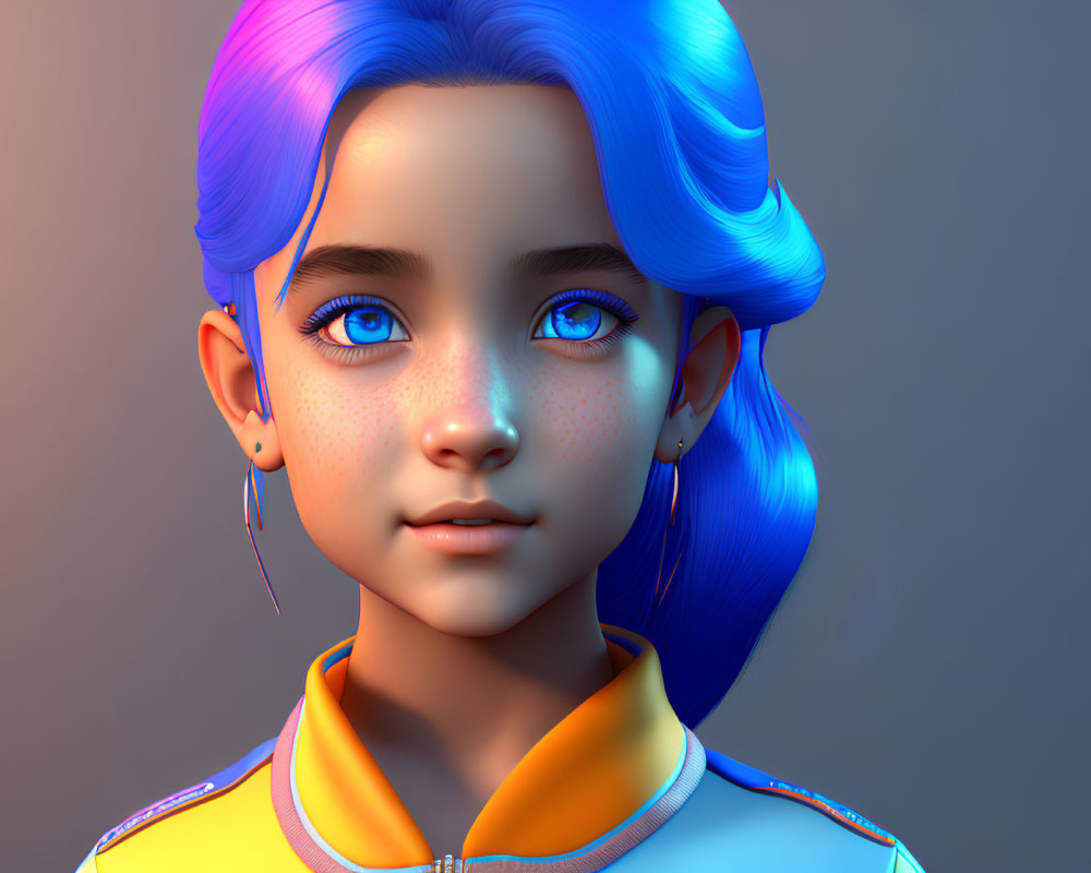 Digital Artwork: Girl with Blue Hair, Striking Eyes, Freckles, Colorful Jacket